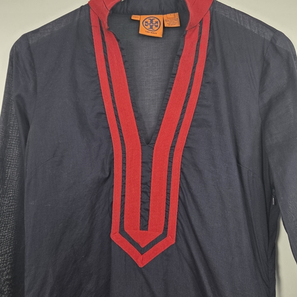 Tory Burch Long Sleeve Navy and Red V-Neck Cotton Side Zip Tunic Blouse Top 4 - Picture 5 of 10